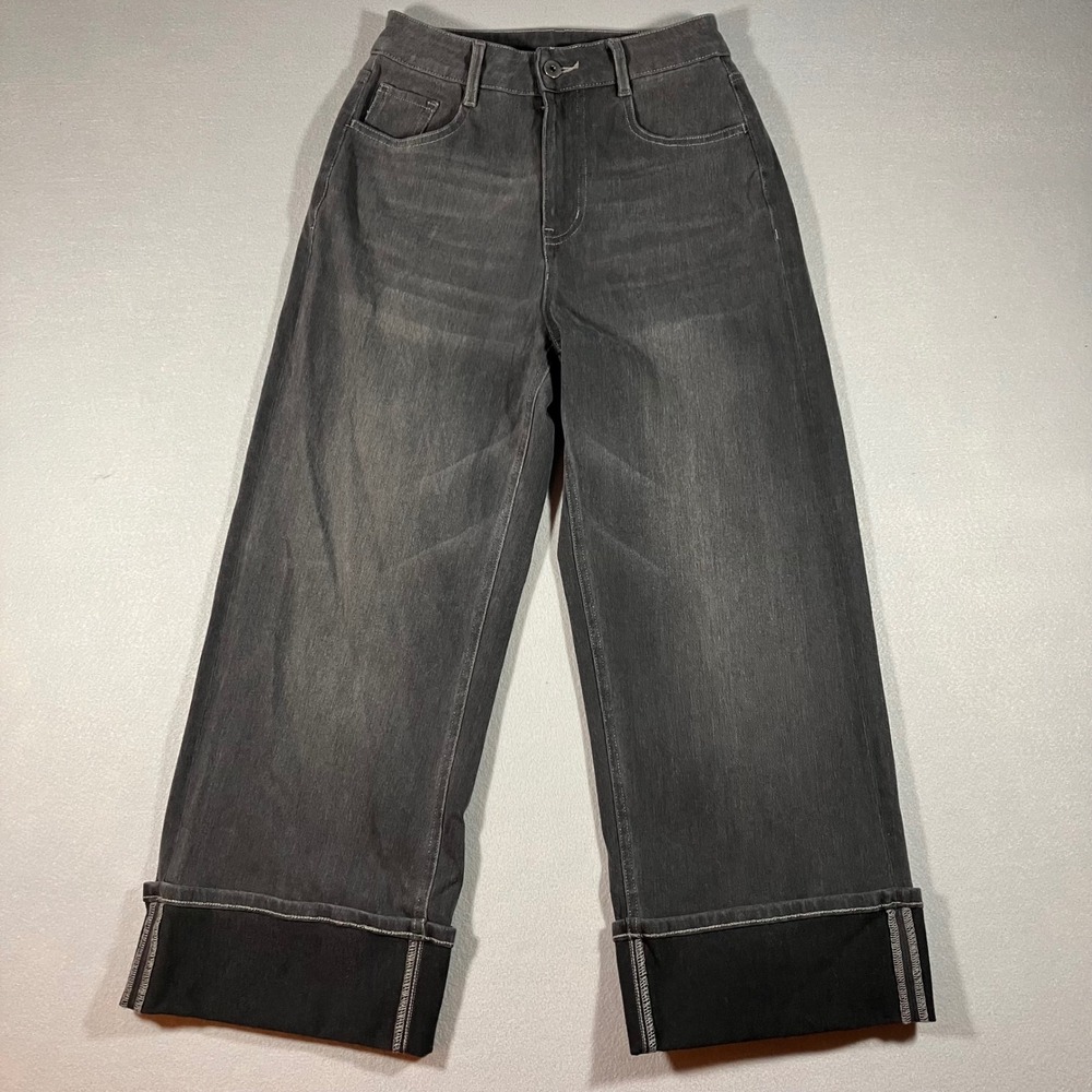 Halara XS Petite High Waisted Wide Leg Cuffed Jeans Faded Black Denim Trousers